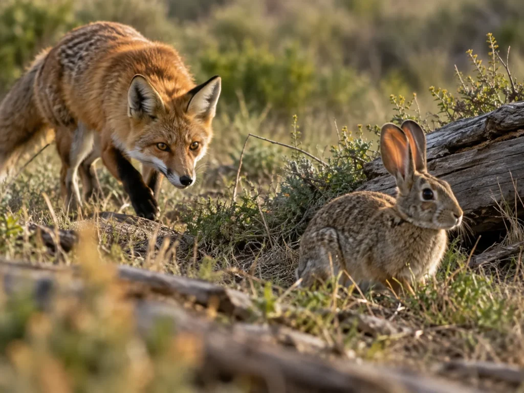 red fox eating rabbit